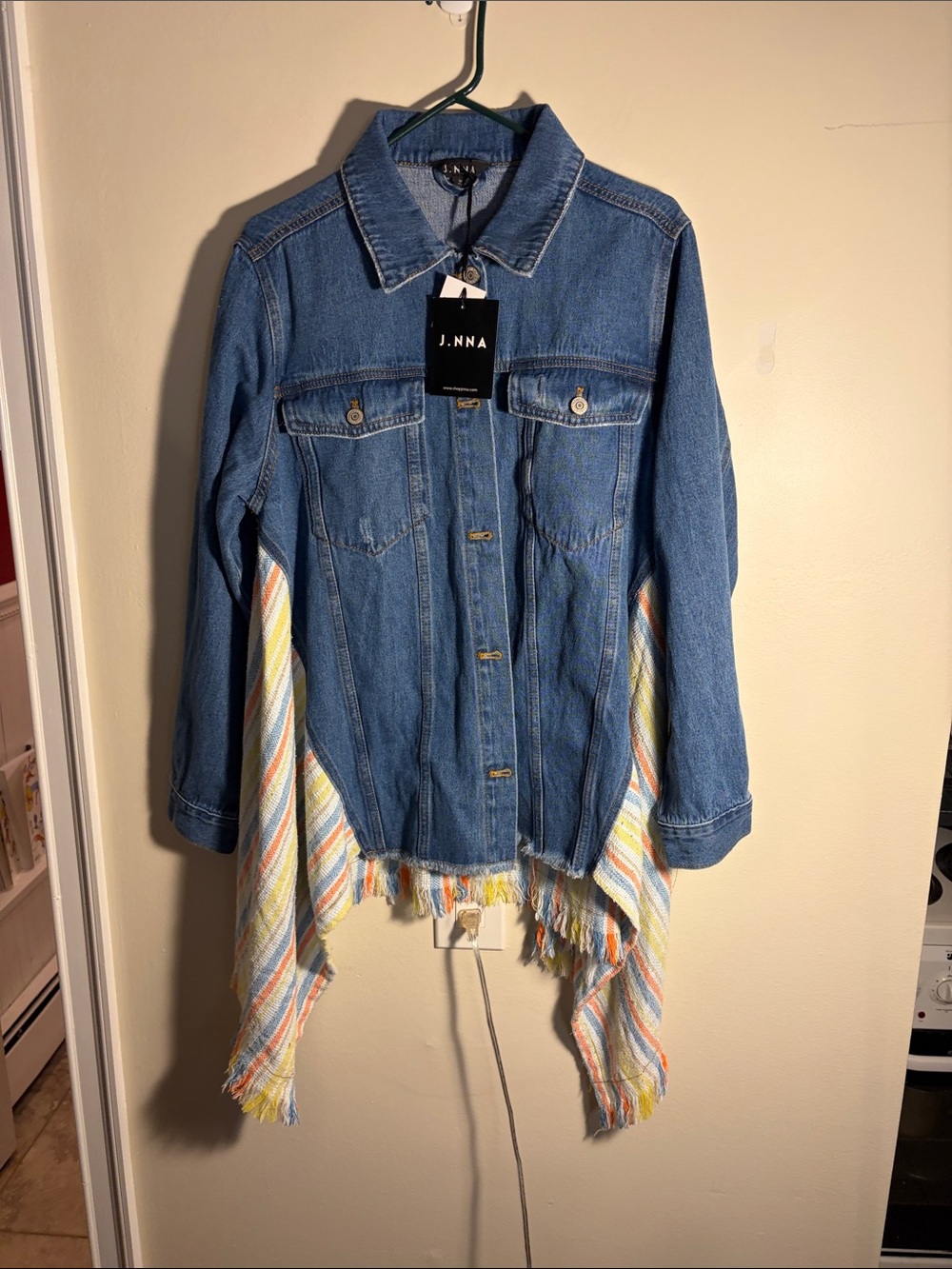 J.NNA Blue Denim Jacket with Multicolor Fringe Hem